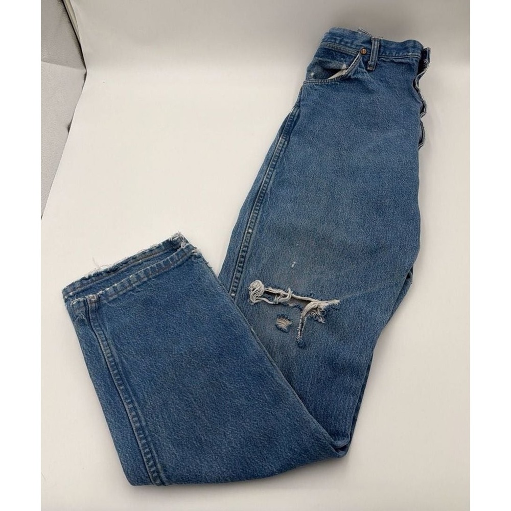 Wrangler 13MWZ Cowboy Cut Jeans Mens 38x34 Blue Denim Straight Leg Distressed - Picture 5 of 6